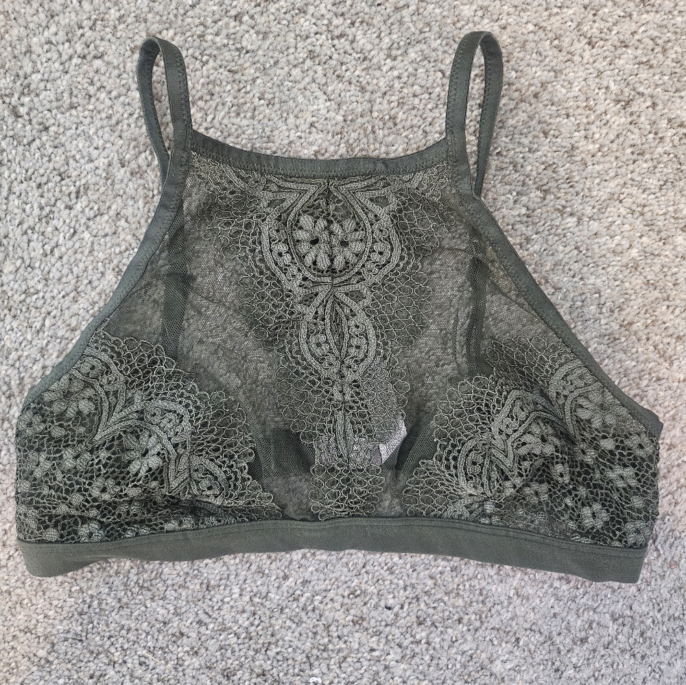 Lace Halter Bralette in Olive Green - Picture 3 of 11